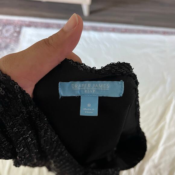 Draper James Black Sequin V Neck Dress Sz 8 Holiday Party Event New Years A Line - Picture 9 of 11